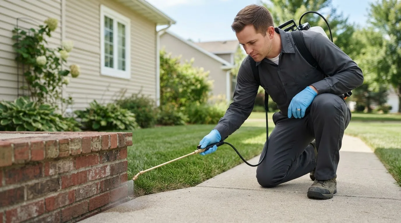 Pest control technician treating a home near Wheatland, IA