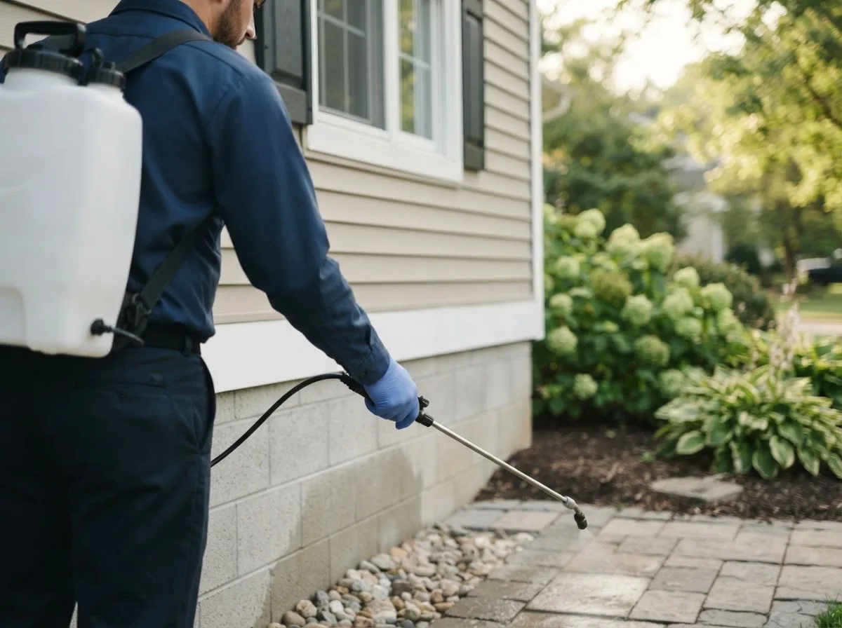 Pest control technician inspecting a home in Wheatland, IA
